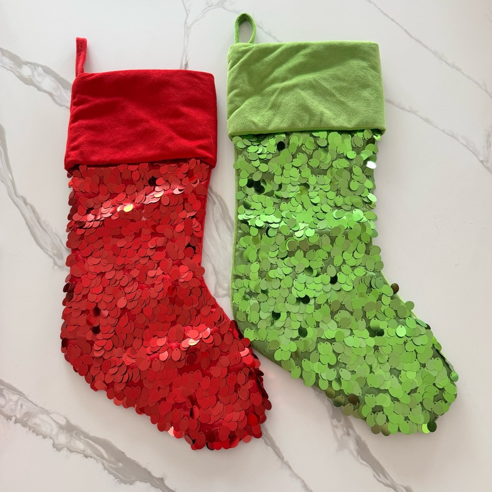 Christmas Holiday Stockings Set of 2 Red Green Shiny Sequins‎